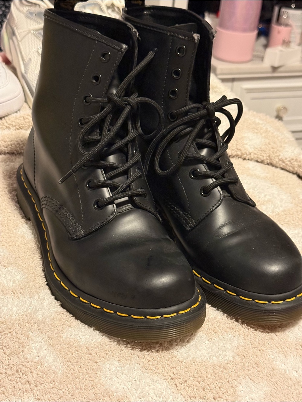 Dr. Martens Black Leather Lace-Up Combat Boots with Yellow Stitching
